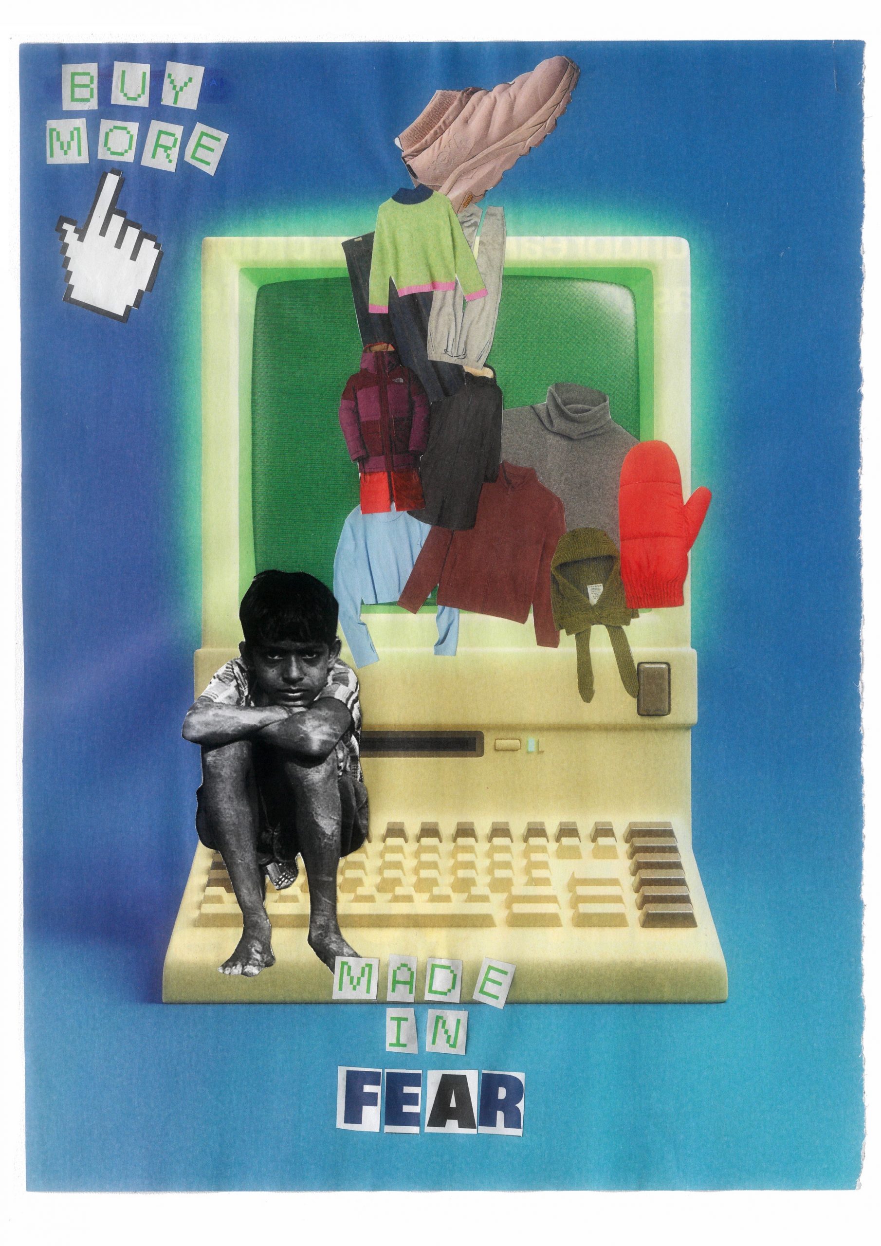 A digital collage featuring a computer, fashion items, and a seated figure, with the words "Made in Fear."